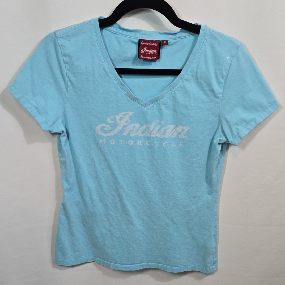INDIAN MOTORCYCLE Light Blue Cotton  V-Neck T-shirt Ladies Small